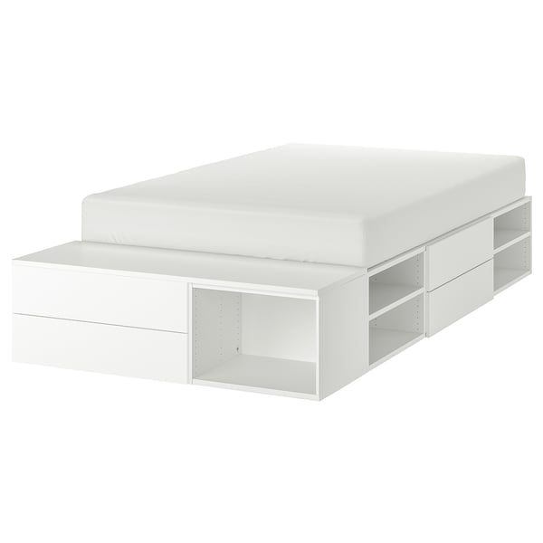 White PLATSA bed with built-in storage and drawers.