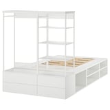White PLATSA modular storage bed with open shelves and hanging unit.