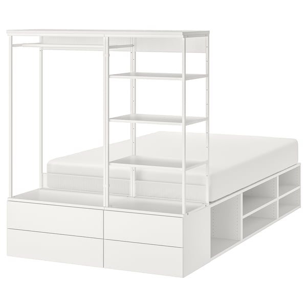 White PLATSA modular bed with shelves & drawers, maximizing space & storage in minimalist design.