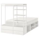 White PLATSA modular bed with shelves & drawers, maximizing space & storage in minimalist design.
