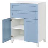 A blue and white PLATSA storage unit with open doors, revealing shelves inside. It a modern design with clean lines and adjustable legs.