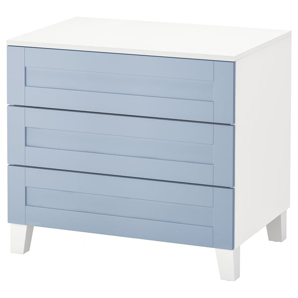 A stylish PLATSA chest with three light blue drawers and white legs. The modern design sleek lines.