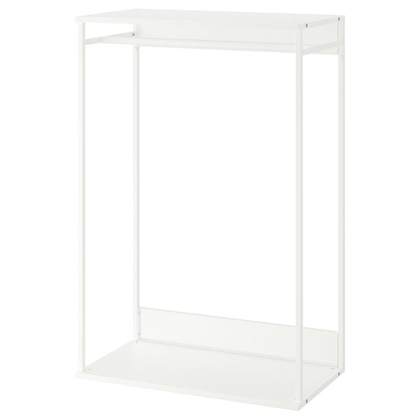 White PLATSA wardrobe with metal mesh shelves, no doors or drawers.