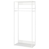 A white PLATSA wardrobe. It has a sleek, minimalist design with metal framing and a honeycomb panel. The wardrobe includes shelves and a hanging rod.
