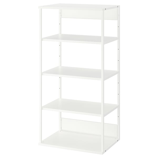 A white PLATSA bookshelf with four open shelves, made of steel and particle board, standing against a white background.