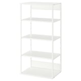 A white PLATSA bookshelf with four open shelves, made of steel and particle board, standing against a white background.