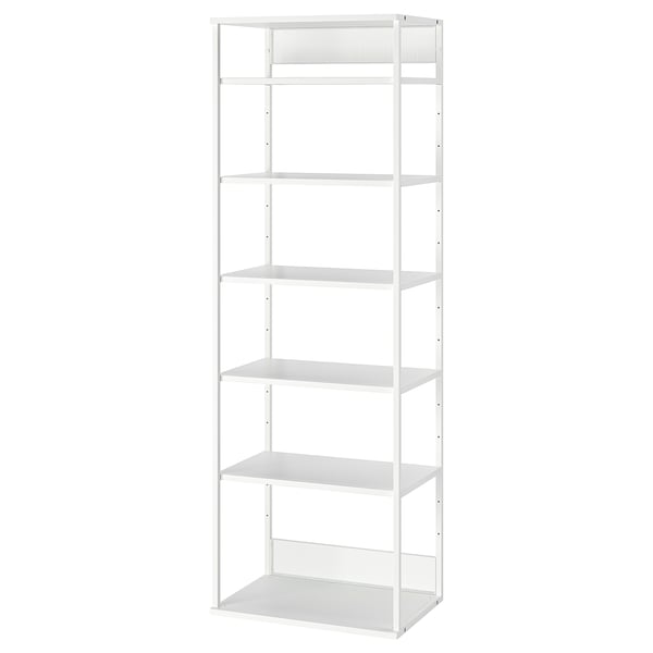White PLATSA bookshelf with five empty shelves, narrow frame, and light airy design.