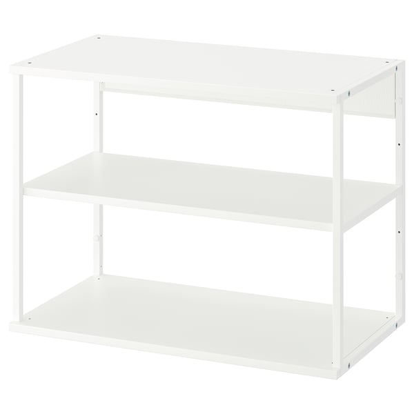 White PLATSA shelf unit, 2-tier, metal and particleboard, minimalist design.