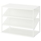 White PLATSA shoe storage unit, open, 3-tier, metal frame and shelves.