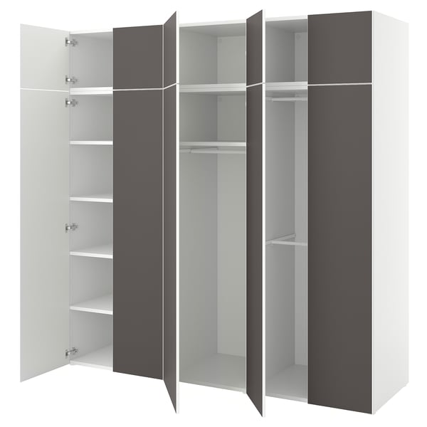 Modern storage unit with adjustable dark gray and white sections, open shelves, and hanging rods for versatile organization.