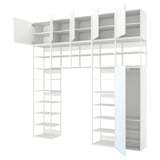 White modular closet system PLATSA with shelves, drawers, and mirrored doors.