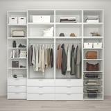Modern white PLATSA wardrobe organizes clothes, accessories, and storage boxes efficiently.