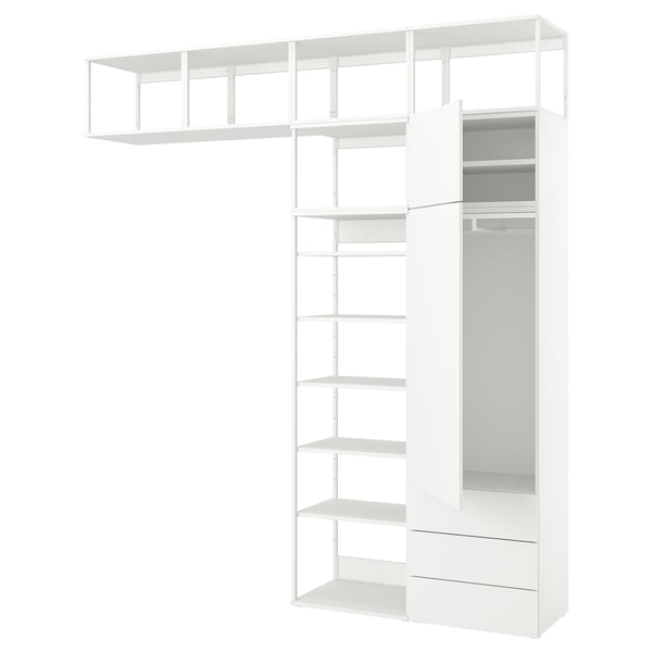 White PLATSA shelves: adjustable, mix of steel and particleboard, modular design.