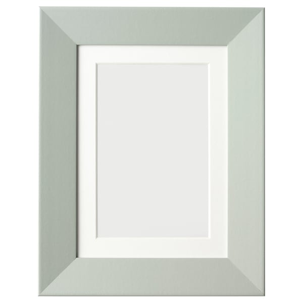 Greenish-silver photo frame, simple design, rectangular shape.