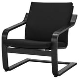 Modern black POÄNG rocking chair. Streamlined design with wooden frame, cushioned seat & back.