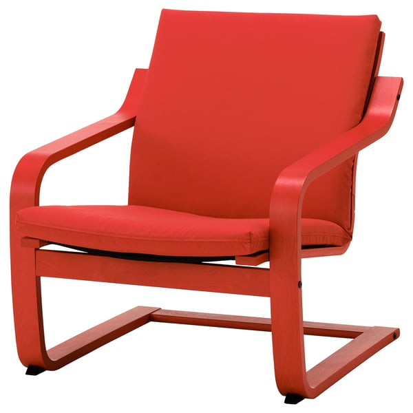 Red armchair, modern design, curved wood frame, cushioned seat & back, part of the nytillverkad collection.