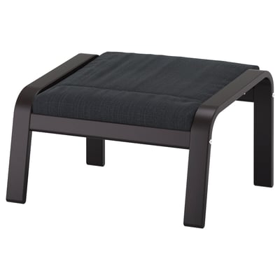 Modern black footstool with dark grey cushion, sleek metal frame, arched legs, minimalist design.
