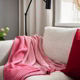 Red & white striped throw on grey couch with lamp & flowers.