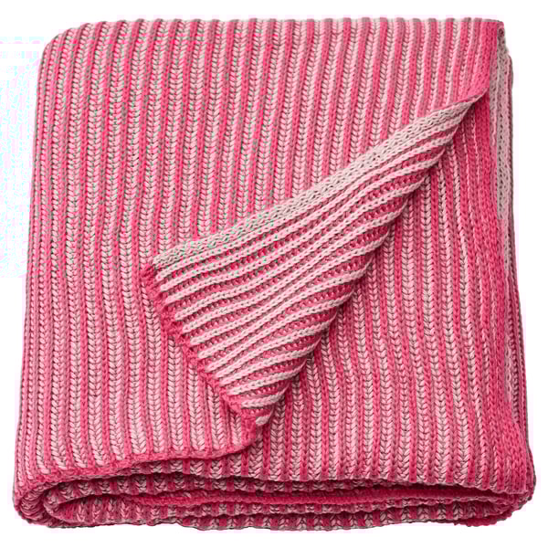 Pink, double-sided knitted blanket, soft, recycled polyester, folded square shape, striped pattern.