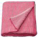 Pink, double-sided knitted blanket, soft, recycled polyester, folded square shape, striped pattern.
