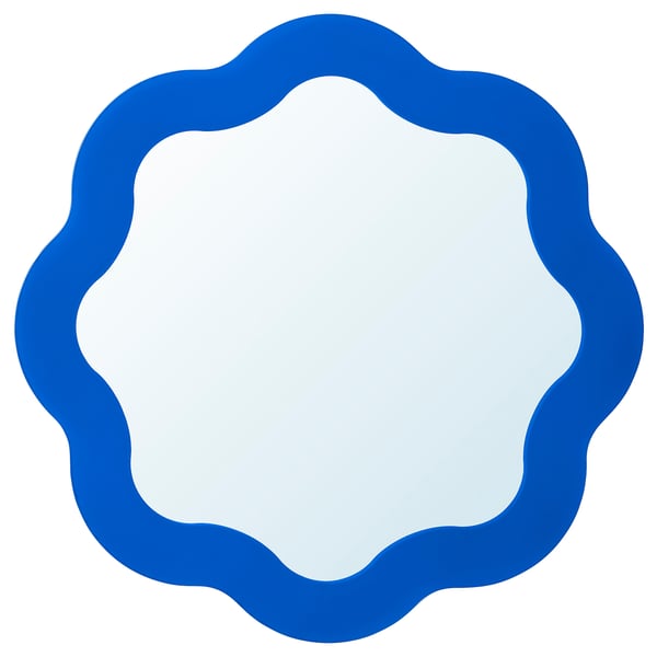 Round blue wavy-edge mirror, glass center, decorative wall decor.