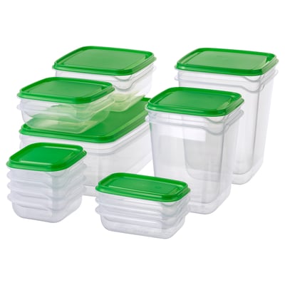 Multiple green-lidded, clear plastic food containers stacked in various sizes, made of polypropylene.