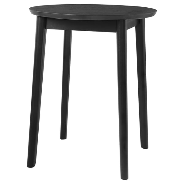 A black RÄVSTEN round counter-height table with sleek legs and a simple design, made from rubberwood for stability.