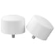 Two white, round RAFFIG curtain rod finials, plastic with metal screws.