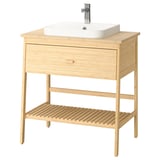 Wood vanity, white sink, single drawer
