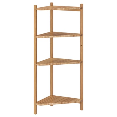RÅGRUND bamboo corner shelf - natural wood tone, three tiered, vertical.
