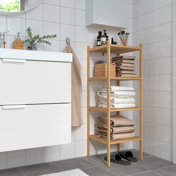 Bamboo bathroom shelf with 4 towel tiers in corner.