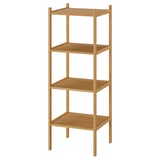 A RÅGRUND bamboo shelf. It is a light brown, four-tiered, standing shelf with a square frame and sturdy legs.