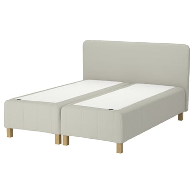 RÅHOLMAR bed, cream, upholstered headboard, rectangular base, wooden legs.