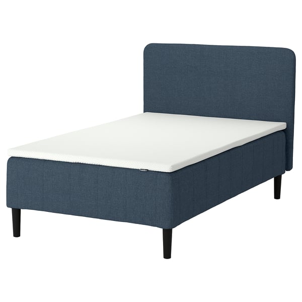 RÅHOLMAR bed, blue, upholstered, rectangular with foam mattress.