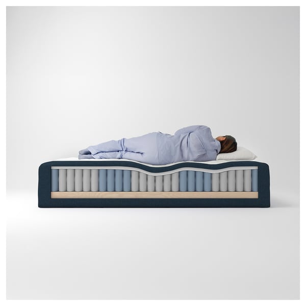 RÅHOLMAR Pocket spring mattress bse, 5 zones, incl leg, mattress pad and headboar firm/Kilanda dark blue Norrsele, 120x200 cm