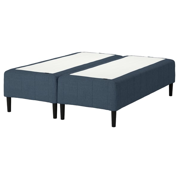 Image displays a blue RÅHOLMAR bed base with 3 legs, featuring a divided mattress and simple, modern design.