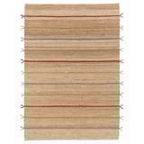 RAKLEV jute rug with stripe design and wool tassels, beige and colorful. Hand-woven, flat surface.