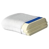 Pillow cross-section: recycled polyester, foam layers. White, blue, yellow.