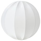A white REGNSKUR lamp shade. Its spherical with vertical folds and made of recycled polyester.