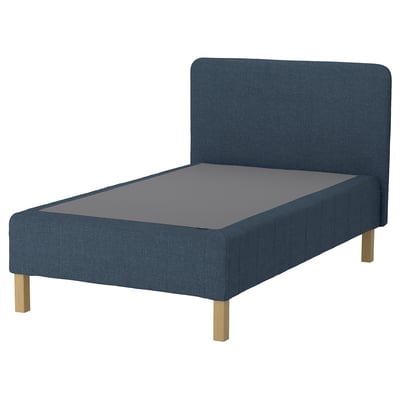 Blue fabric bed with wooden legs and headboard, modern design.