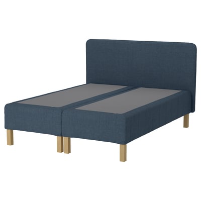 RENFJÄLLET bed, blue fabric, wooden legs, padded headboard.