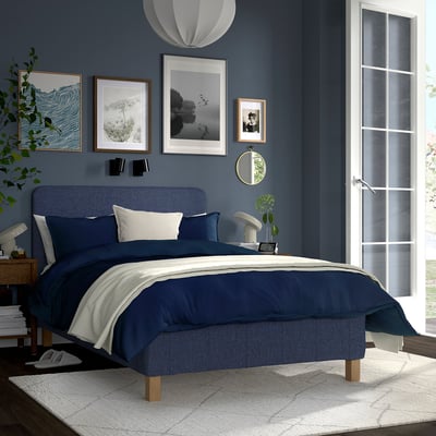 RENFJÄLLET Pocket spring mattress base, incl leg and headboard firm/Kilanda dark blue, 120x200 cm
