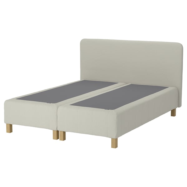 RENFJÄLLET bed, white, upholstered with light fabric, wooden legs, mattress included.