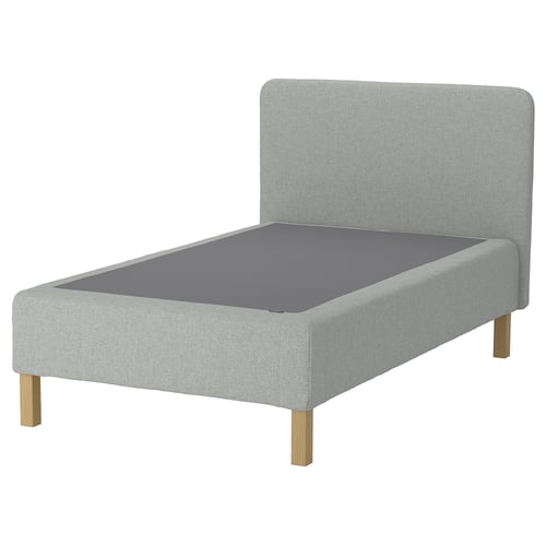 RENFJÄLLET grey bed, sleek design with upholstered headboard and wooden legs.