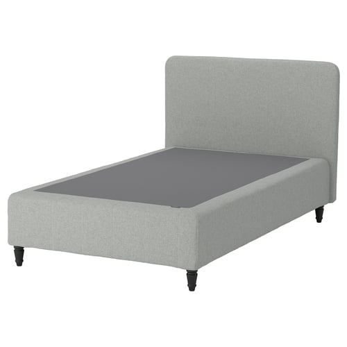 Light grey fabric bed with tall headboard and low legs, modern design.