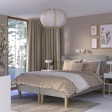 RENFJÄLLET Pocket spring mattress base, incl leg and headboard firm/Tibbleby beige/grey, 180x200 cm