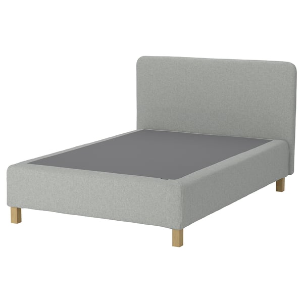 Grey fabric upholstered bed with wooden legs, soft padded headboard.