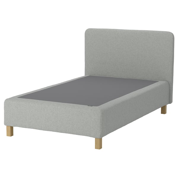 RENFJÄLLET grey upholstered bed, light fabric, wooden legs, square headboard.