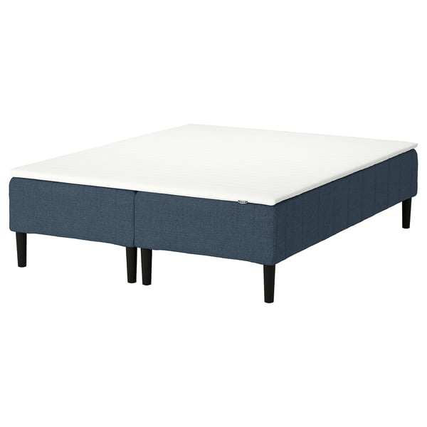 RENFJÄLLET mattress base: dark blue fabric, wooden legs, square shape with soft mattress.