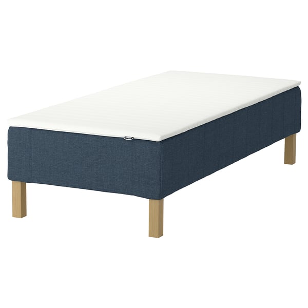 IKEA RENFJÄLLET bed in blue fabric, rectangular, supported by wooden legs.